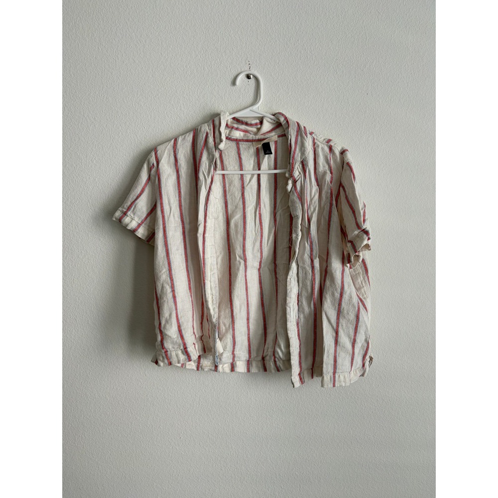 Universal Thread Womens Medium Striped Short Sleeve Button Down Shirt Cream Red